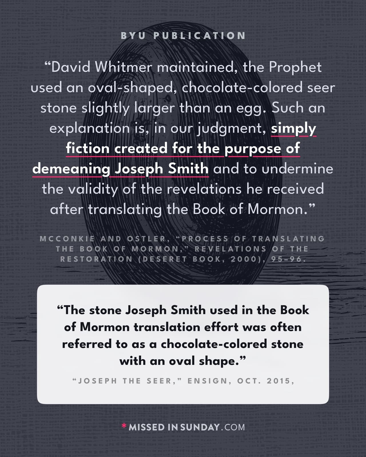 Annotated breakdown of a single Missed in Sunday quote card — BYU Publication / Joseph the Seer juxtaposition card