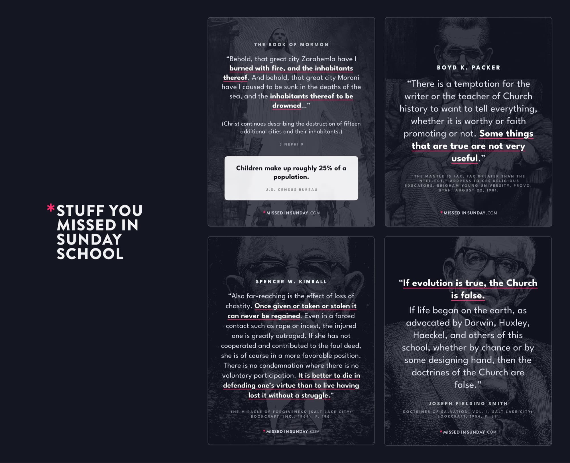 Four sourced quote cards from Stuff You Missed in Sunday School — Book of Mormon, Boyd K. Packer, Spencer W. Kimball, Joseph Fielding Smith — laid out as an editorial gallery on the platform's dark ground.