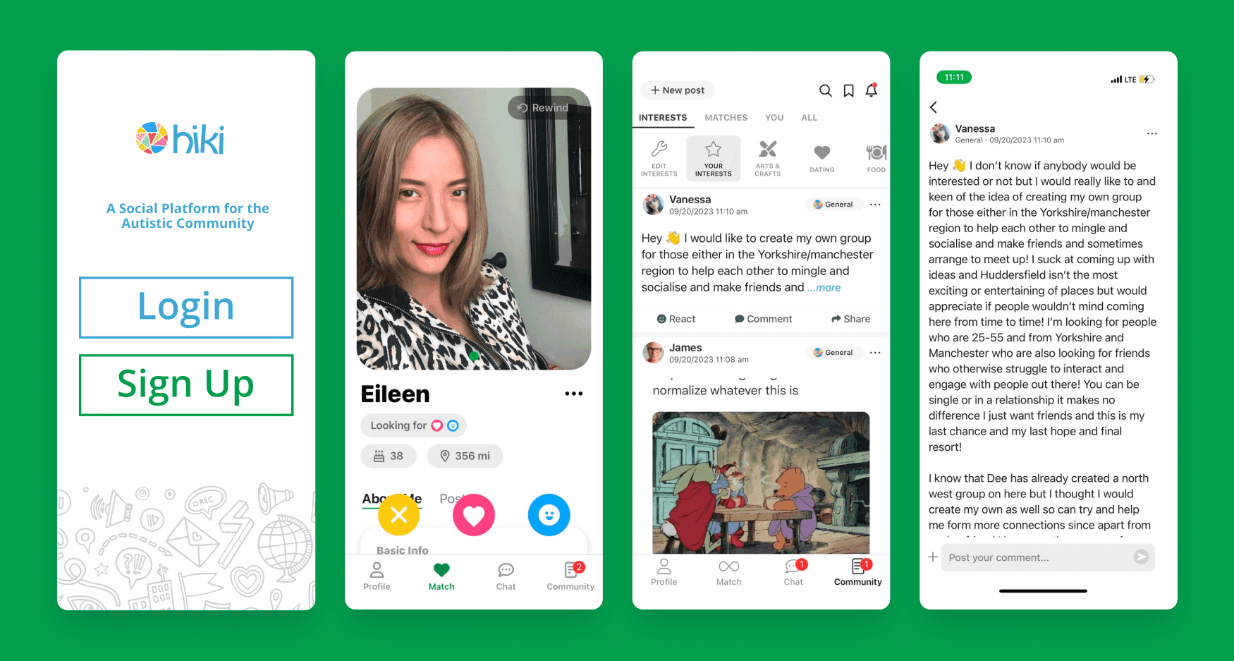 Hiki app before redesign: generic Tinder-style swipe interface on a green background
