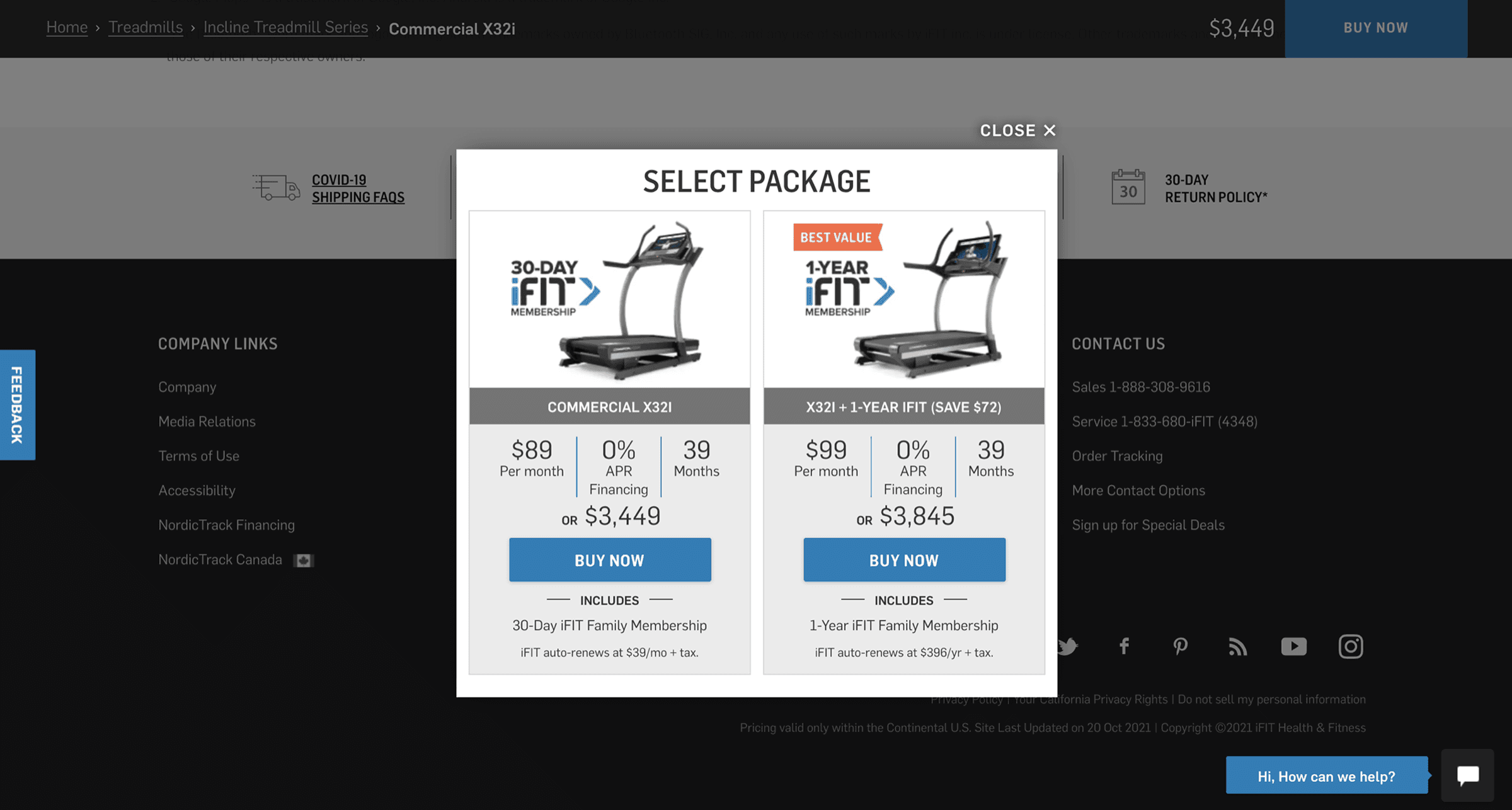 Old NordicTrack experience: a Select Package popup hijacking a dimmed product page.